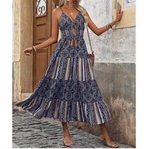 Boho Nautical Print Ruffle Hem Cami Dress Blue
